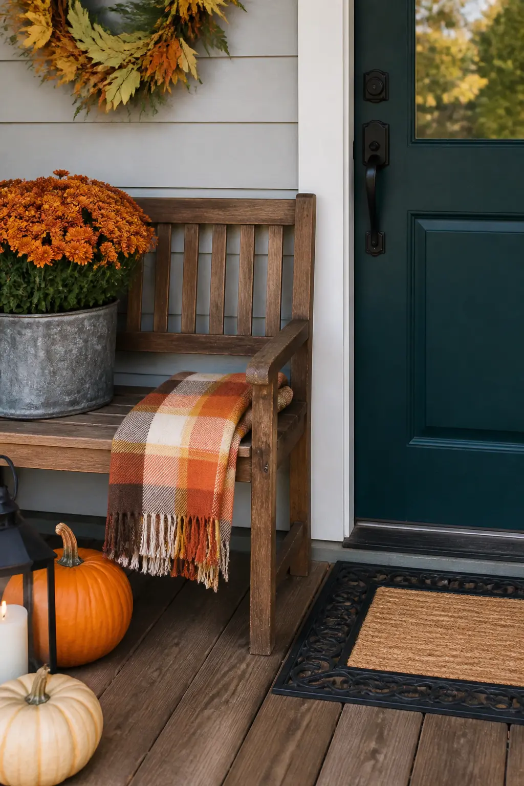 Wooden Bench to One Side With a Folded Throw