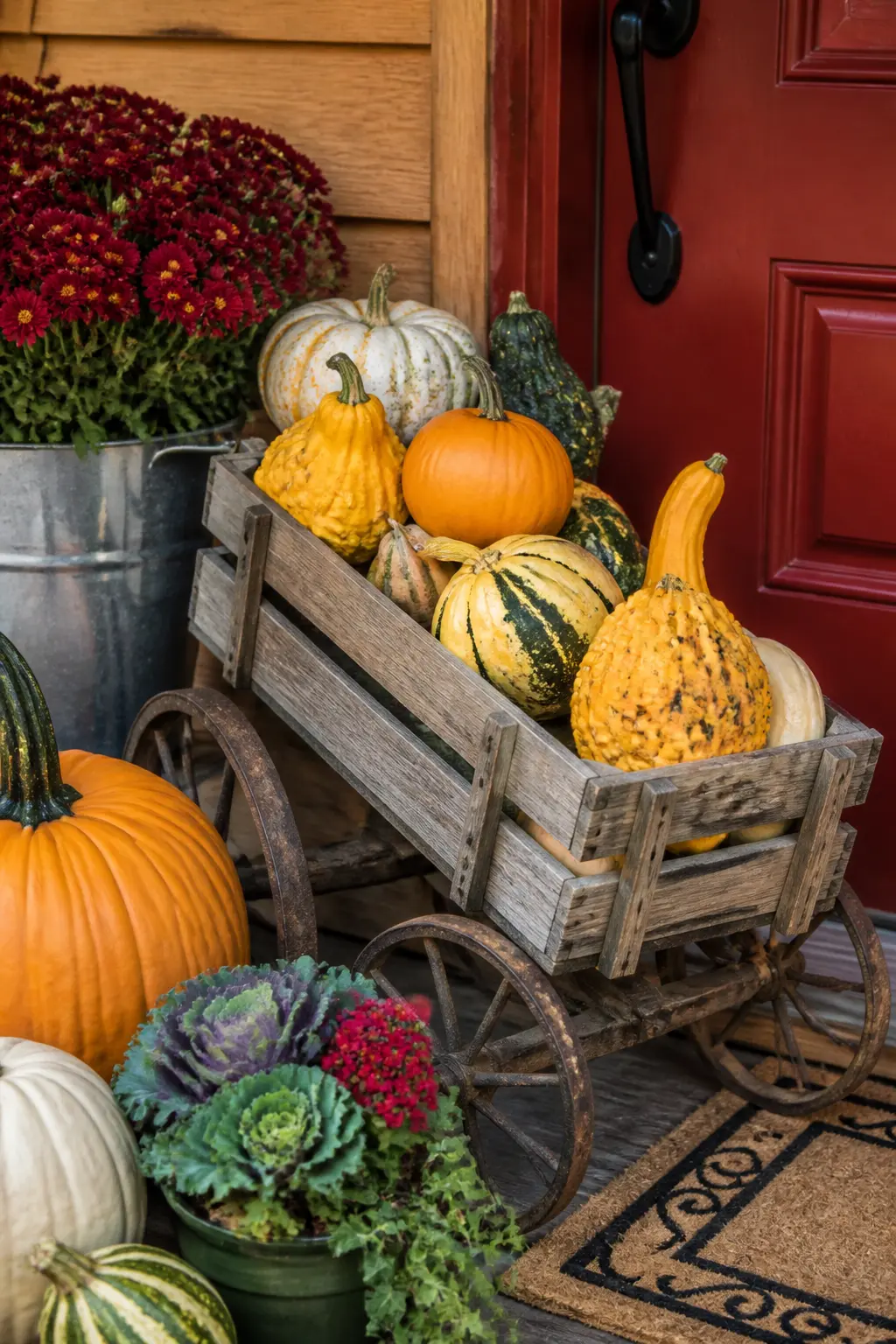 Wooden Wagon Angled Beside the Door Holding Gourds