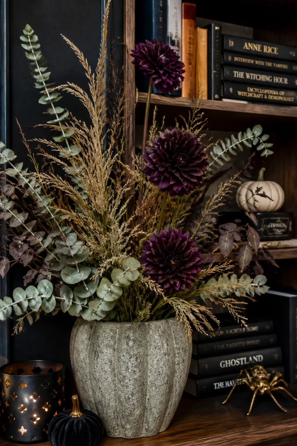 Add Dark Dahlias to the Existing Dried Arrangement