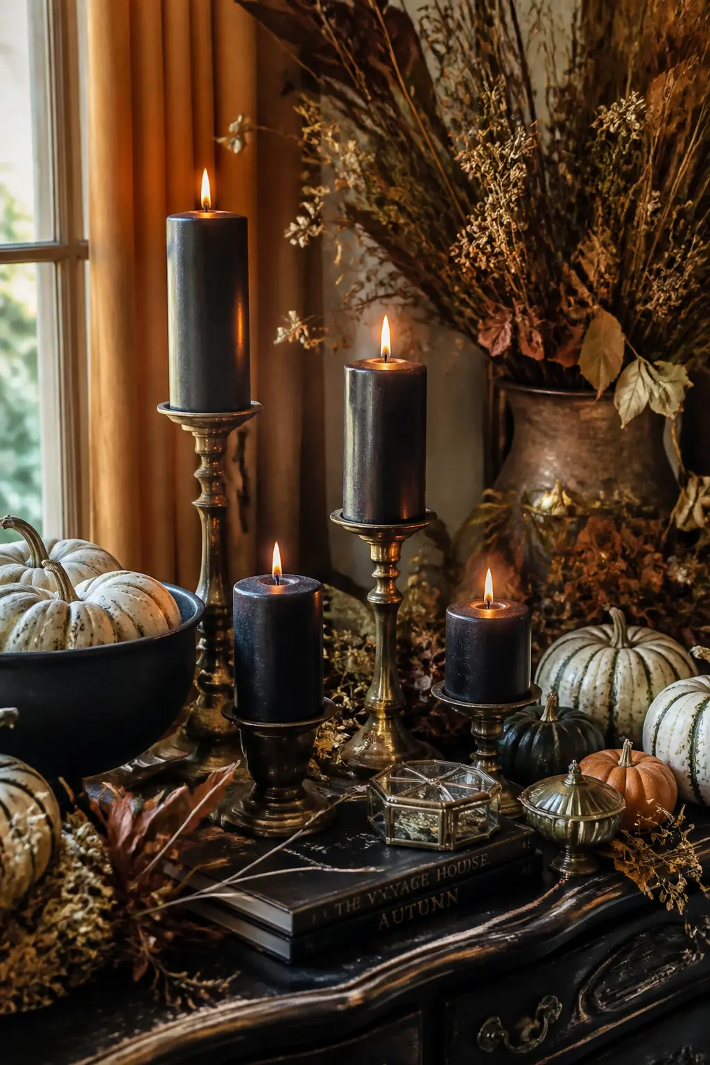Dark Pillar Candles in the Existing Brass Holders