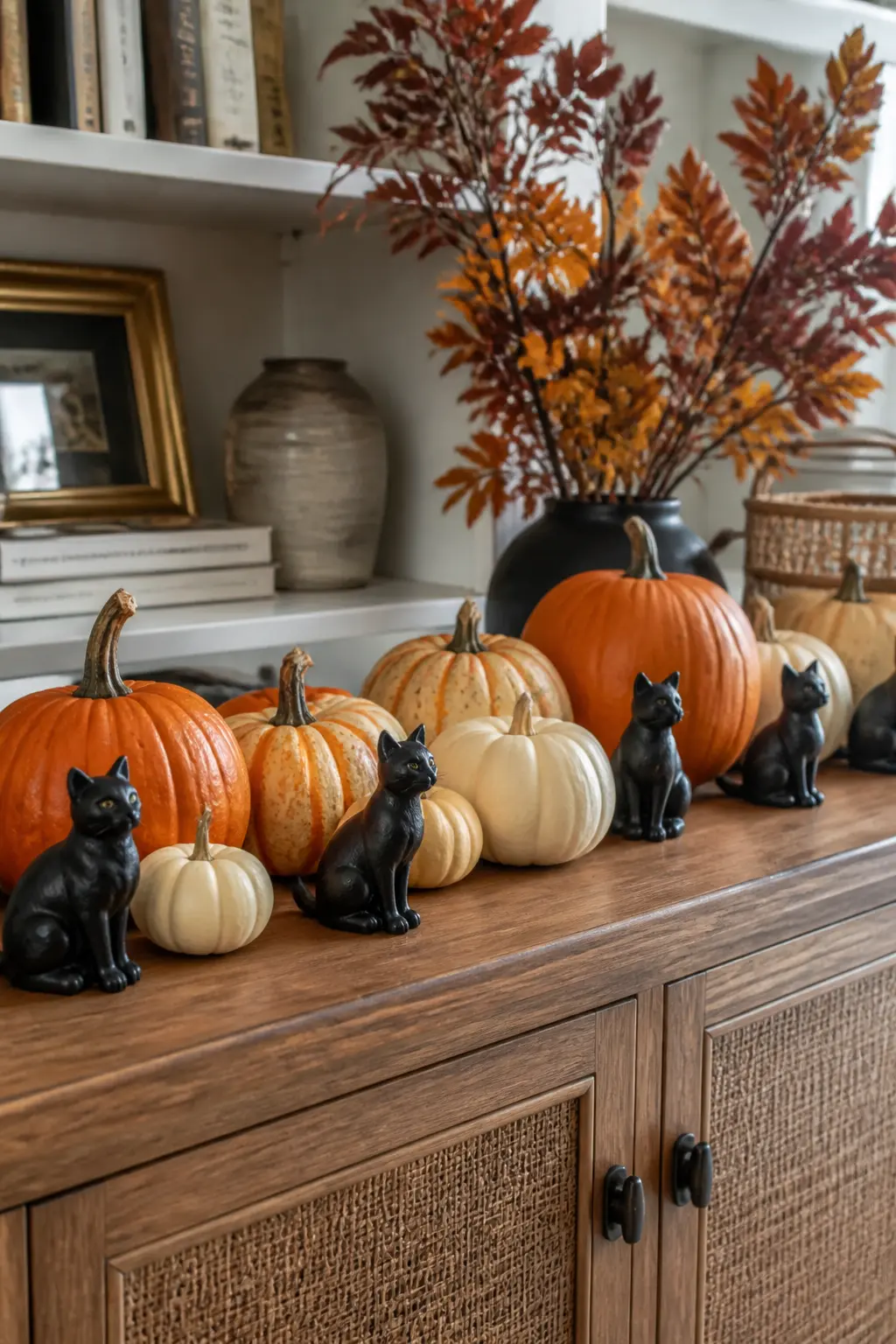 Line the Existing Pumpkin Row with Small Black Cats