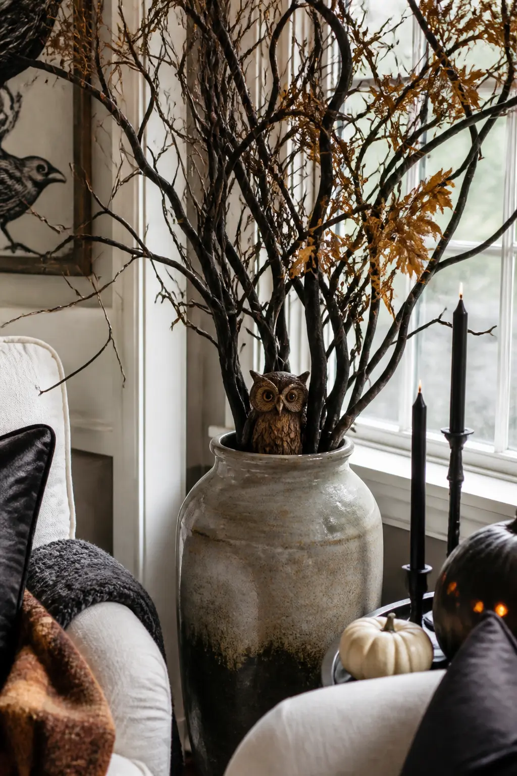 Tuck a Small Owl Figure into the Existing Branch Arrangement