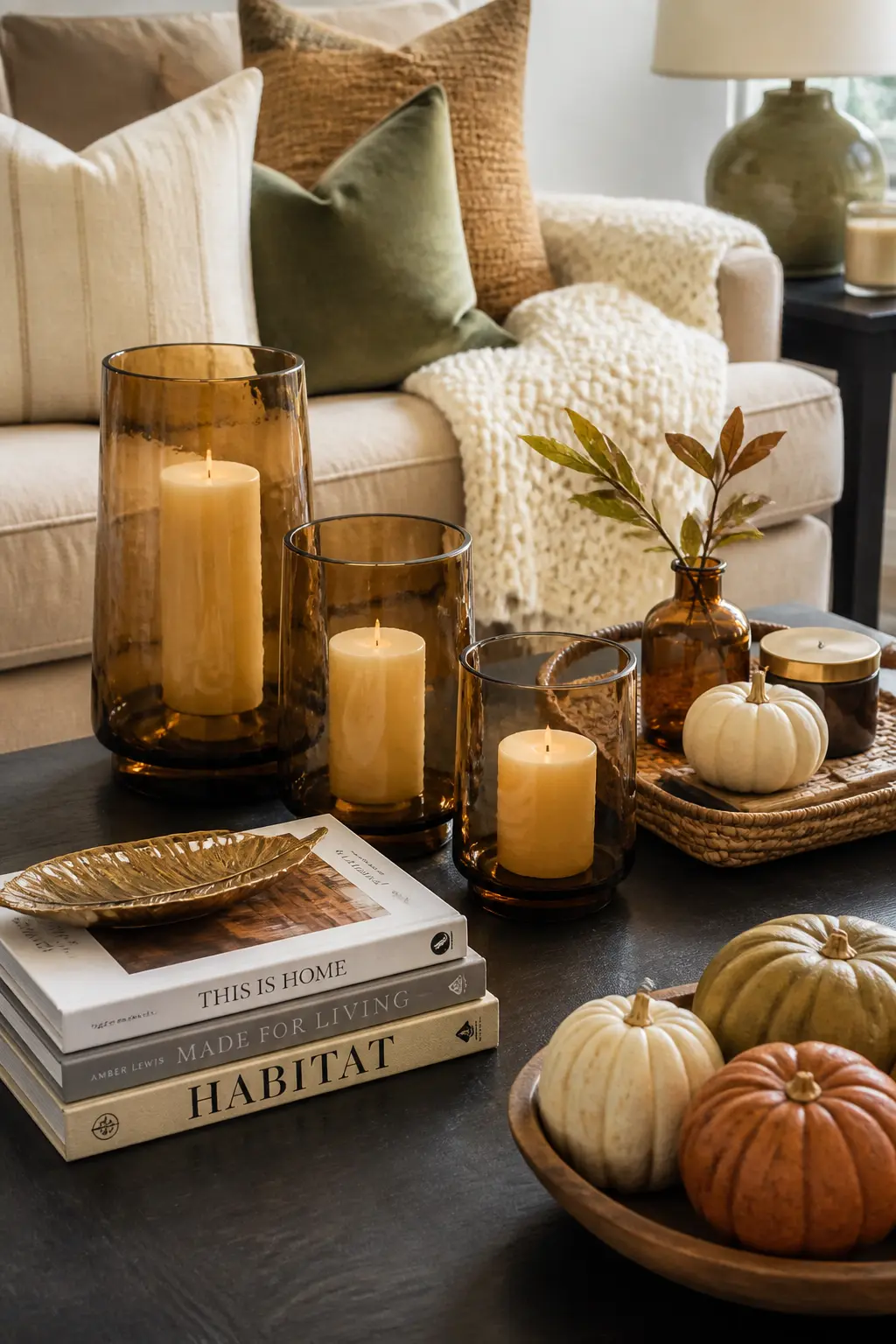 Amber Glass Candle Holders on the Coffee Table
