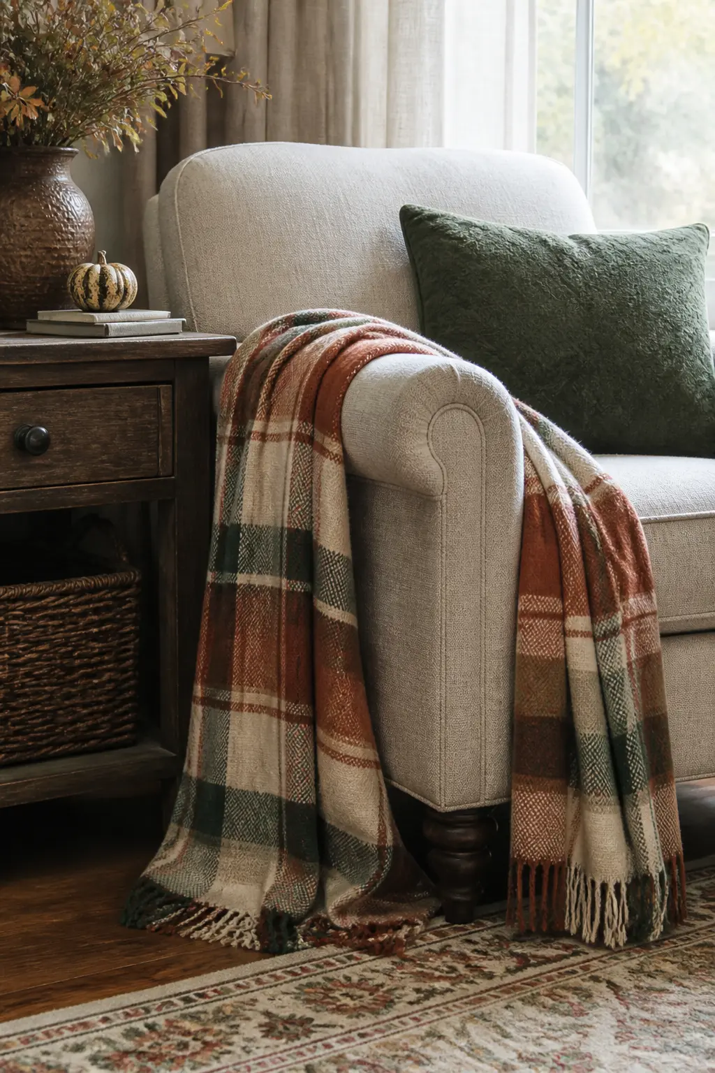 Plaid Throw Draped Over the Armchair