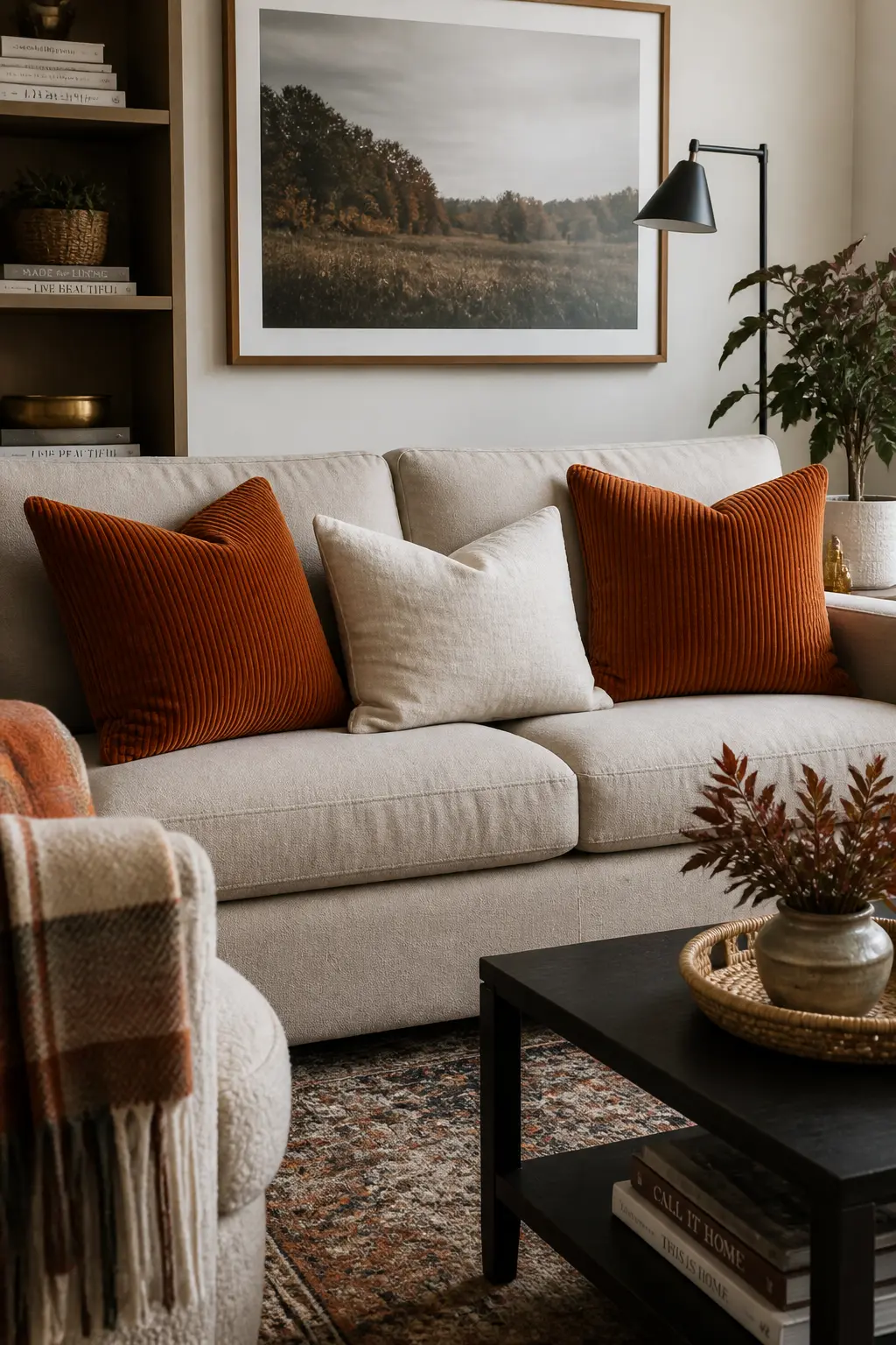 Rust Corduroy Pillows on the Sofa