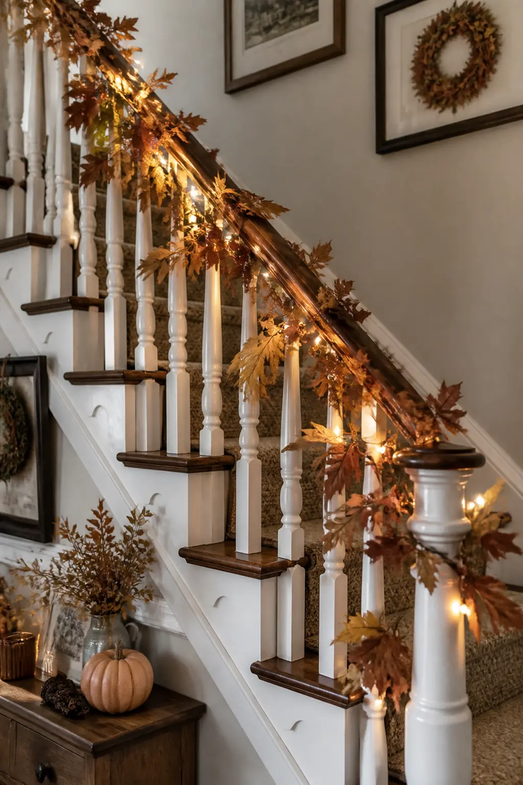 Staircase Banister Wound with a Garland, Lights Tucked Underneath