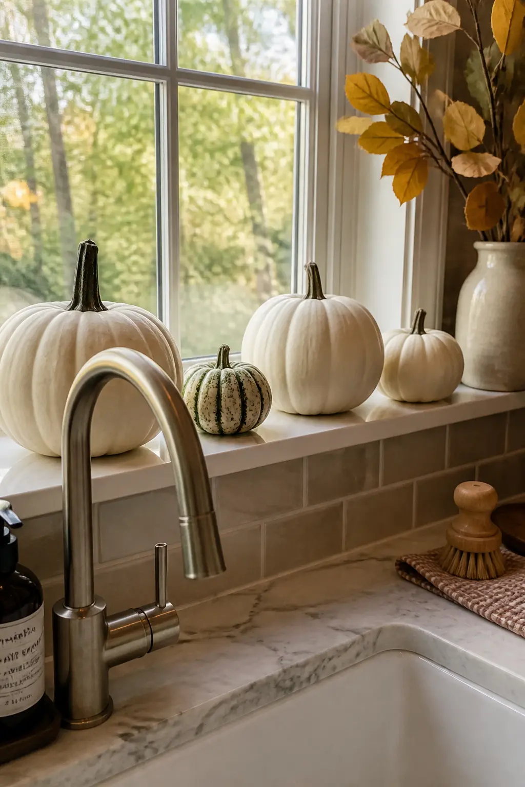 White Pumpkins Along the Windowsill