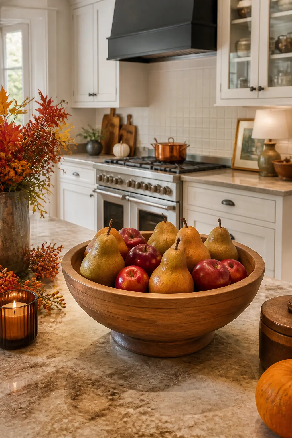 Wooden Bowl of Apples and Pears on the Island