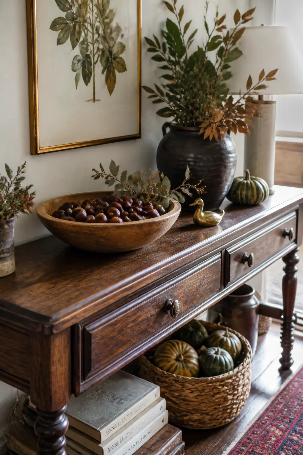 Wooden Bowl of Chestnuts on the Console