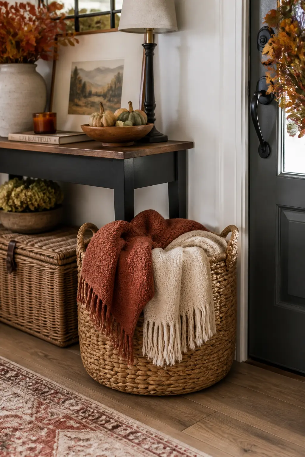 Woven Basket of Throw Blankets by the Door