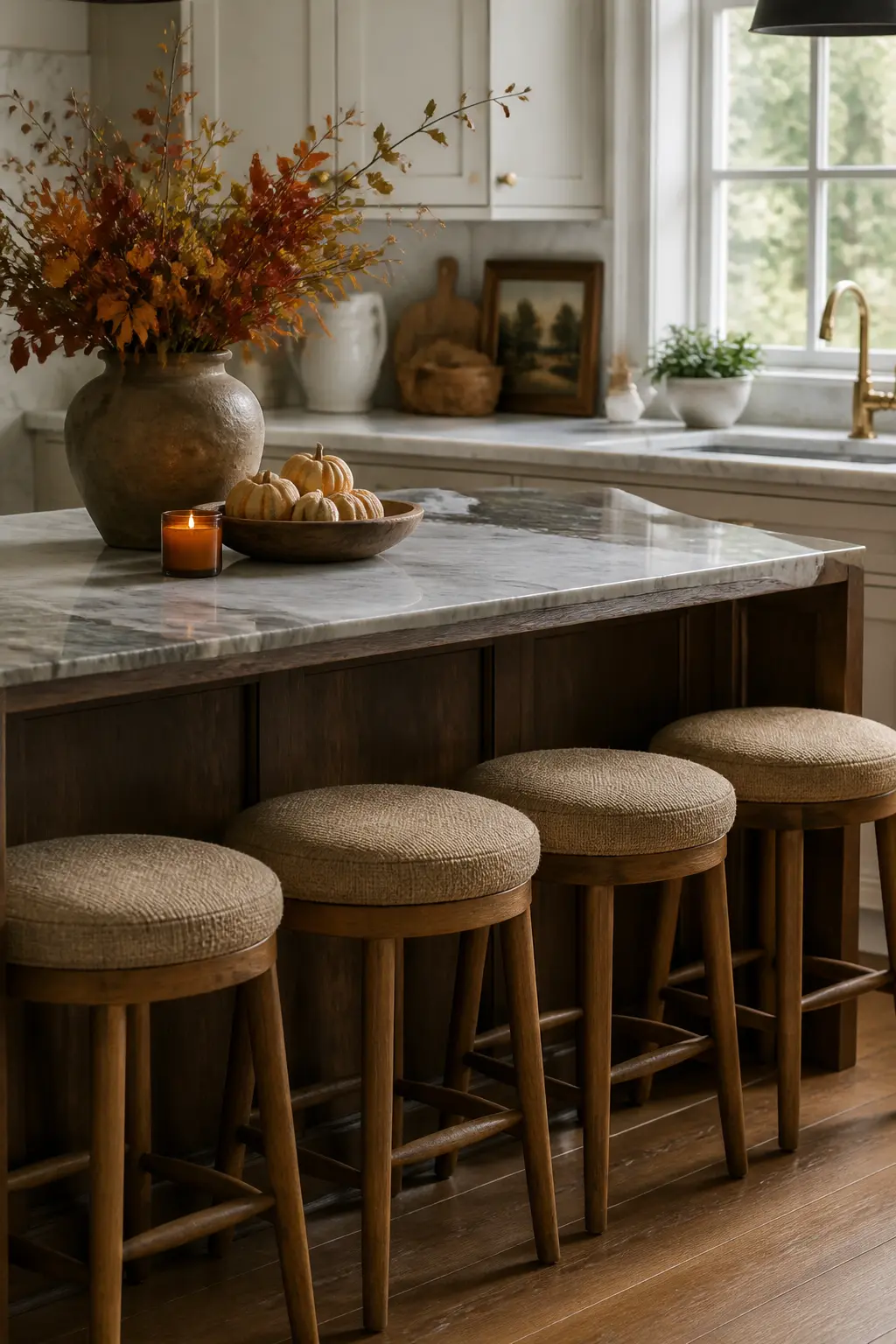 Chair Cushions on the Breakfast Stools Swapped to a Warmer Fabric