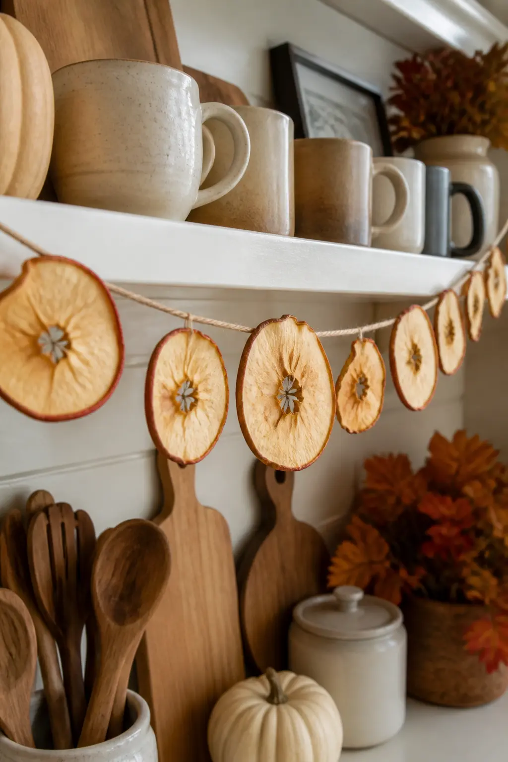 Dried Apple Ring Garland Strung Along a Shelf Edge