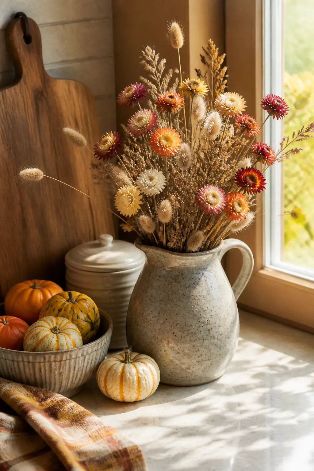 Dried Florals in a Pitcher on the Far Counter