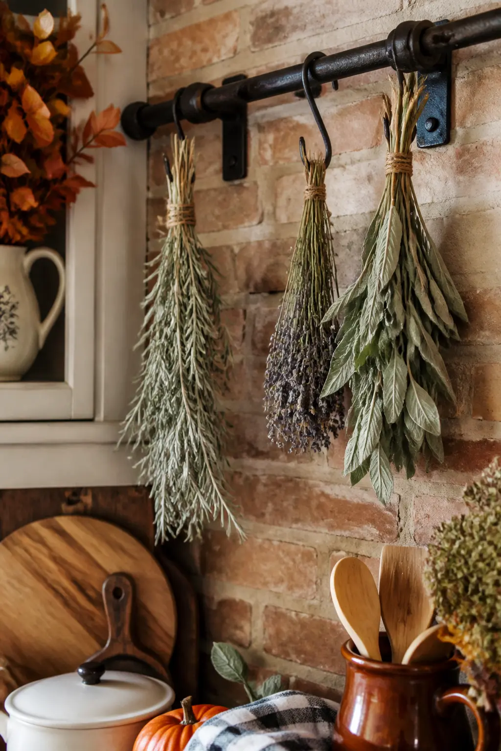 Dried Herb Bundles Hung from a Wall Rack