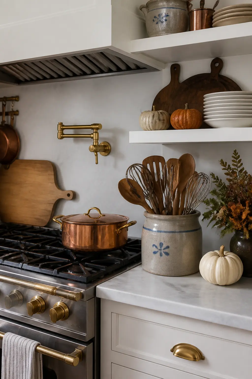 Stoneware Crock Holding Utensils Near the Stove