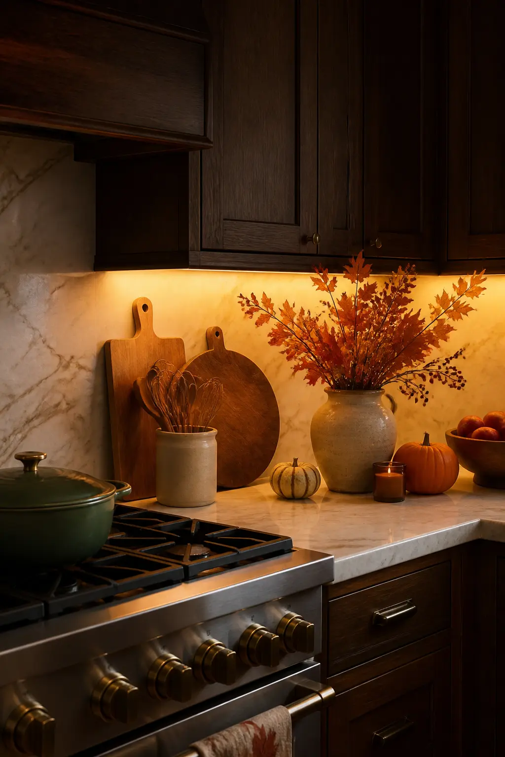 Under-Cabinet Lighting Warmed for Evening Cooking