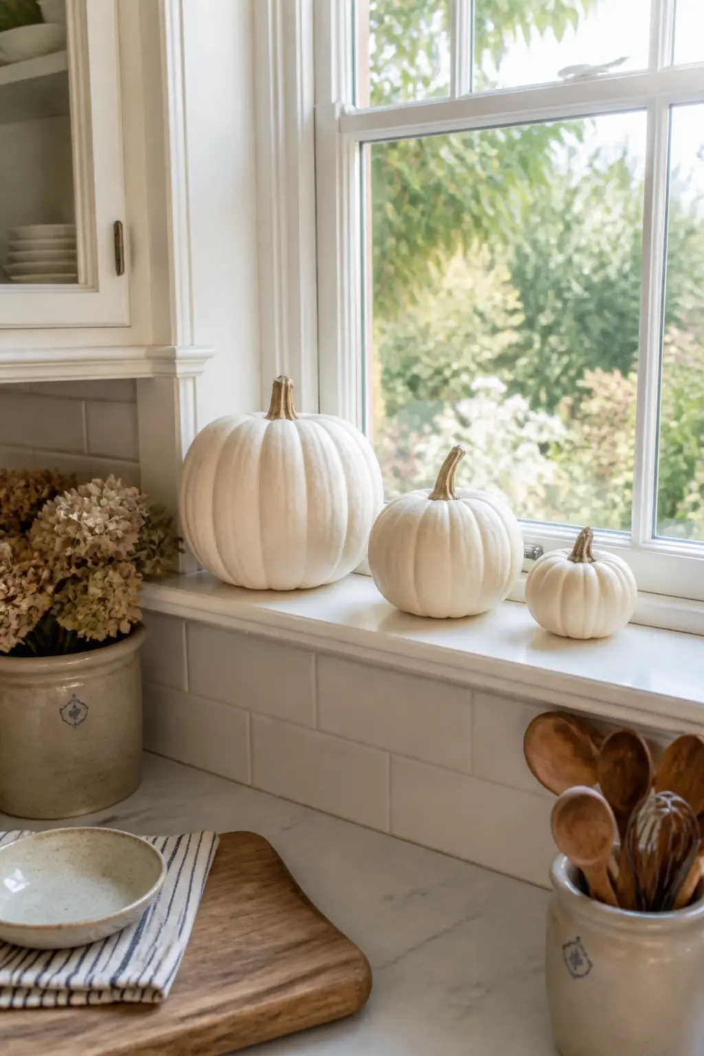 White Pumpkins Lined Along the Windowsill