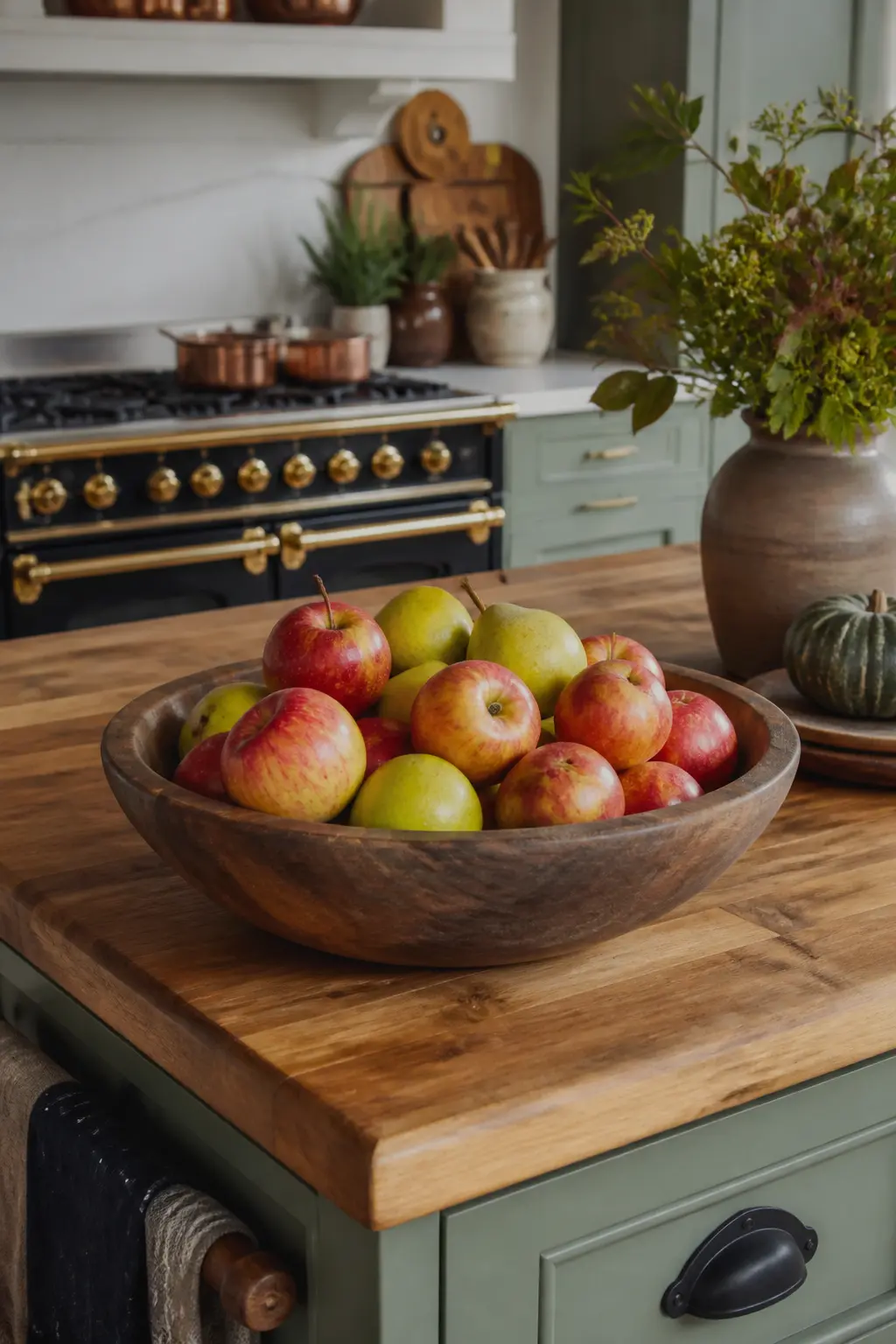 Wooden Bowl of Apples and Pears on the Island
