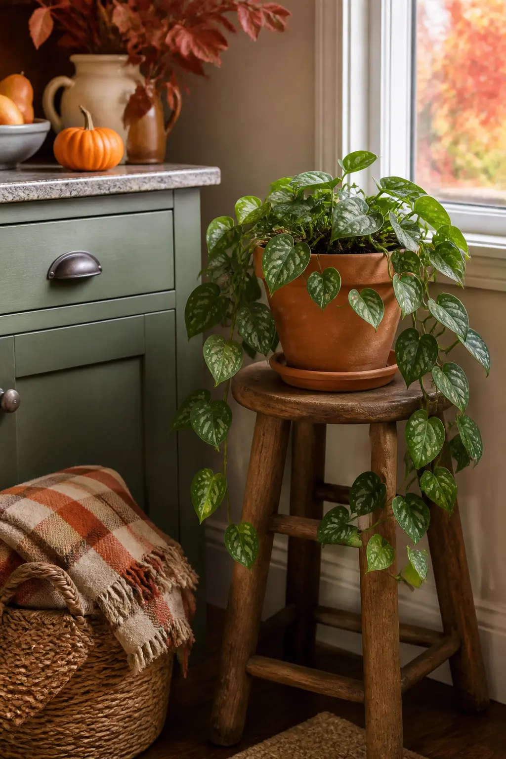 Wooden Stool Moved In as a Plant Stand for the Season