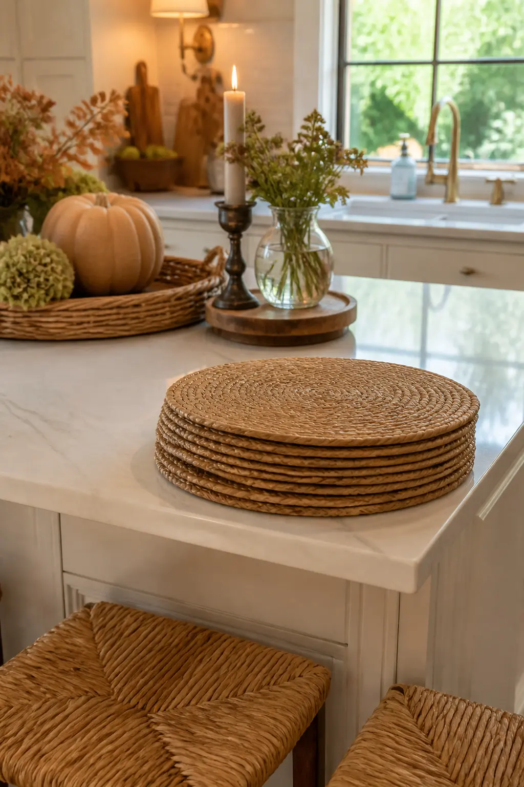 Woven Placemats Stacked Visible on the Counter