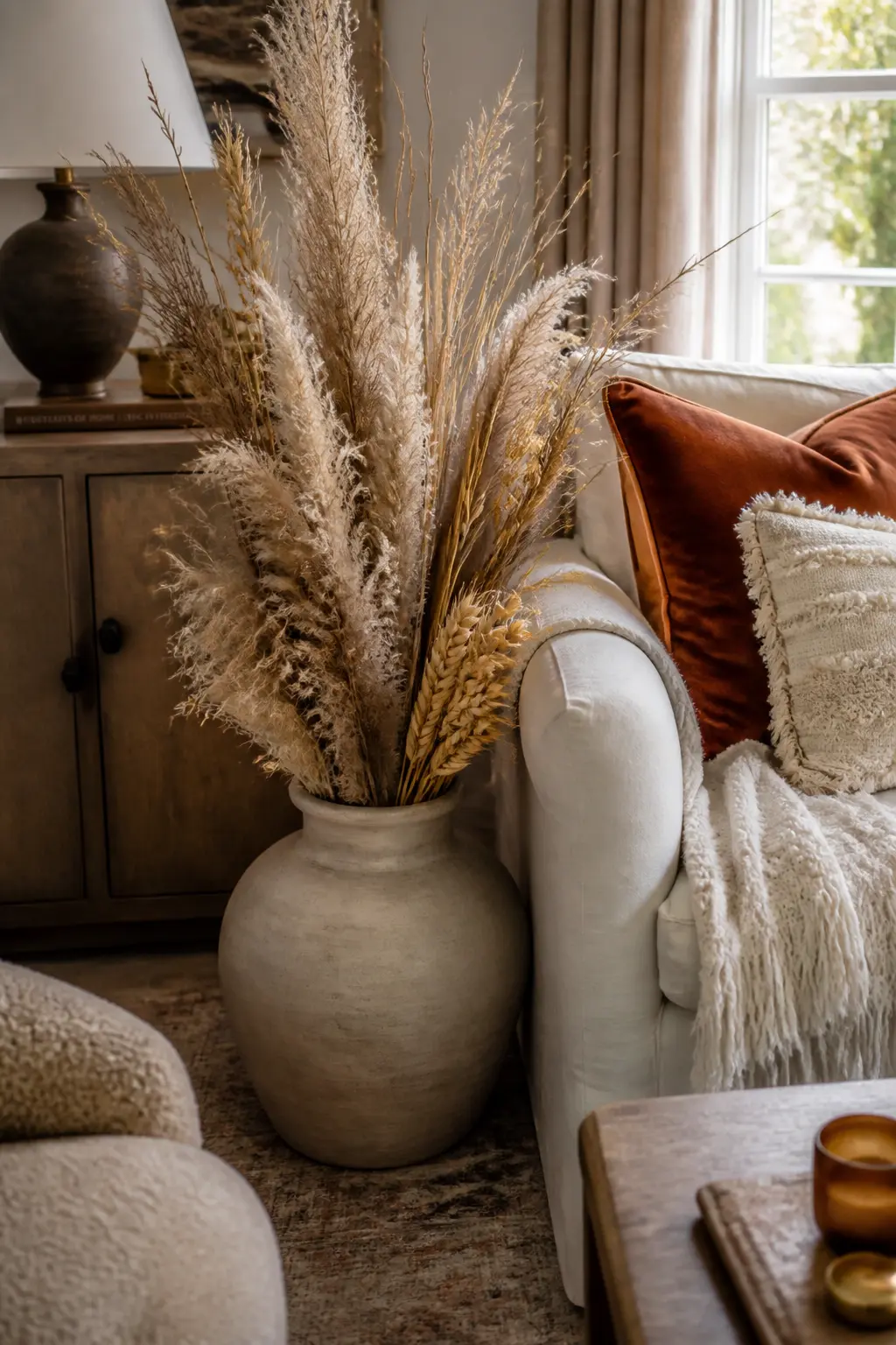 Add Dried Florals in a Large Stoneware Vase