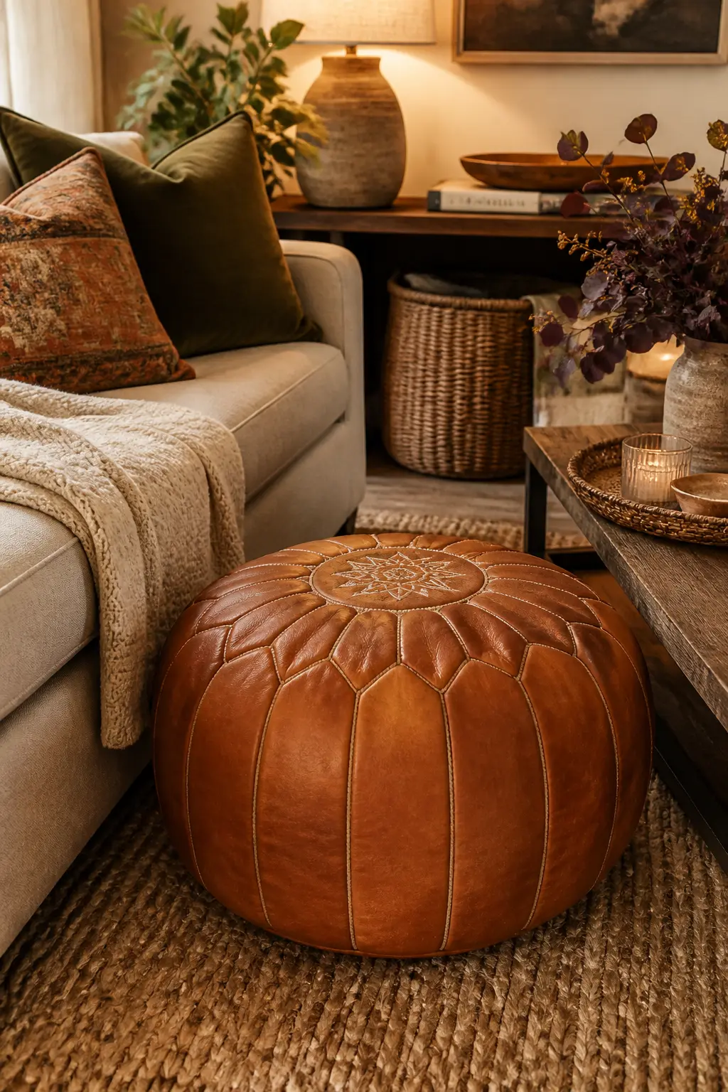 Add a Leather or Suede Pouf for Texture