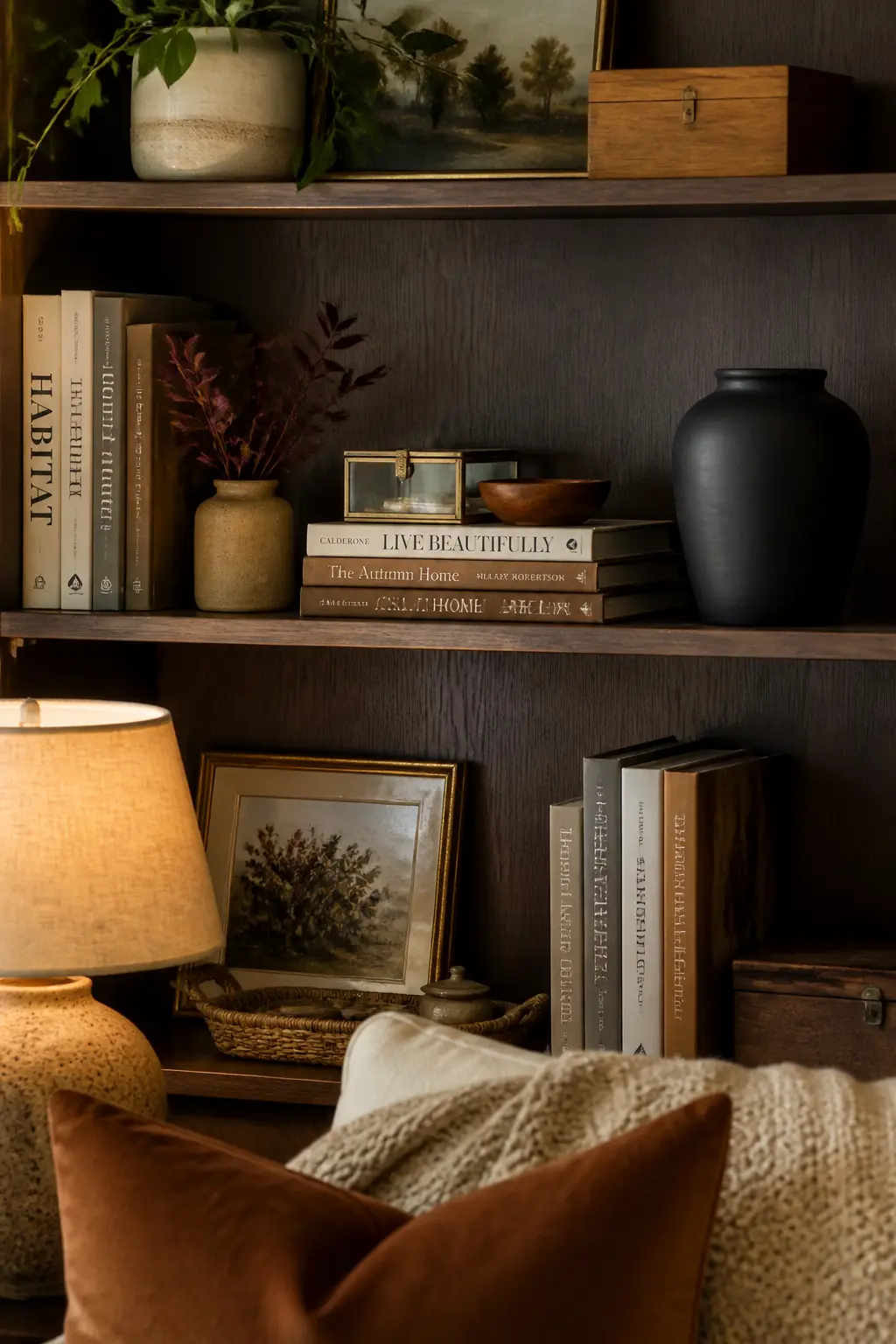 Add One Dark Ceramic Vessel to the Shelf