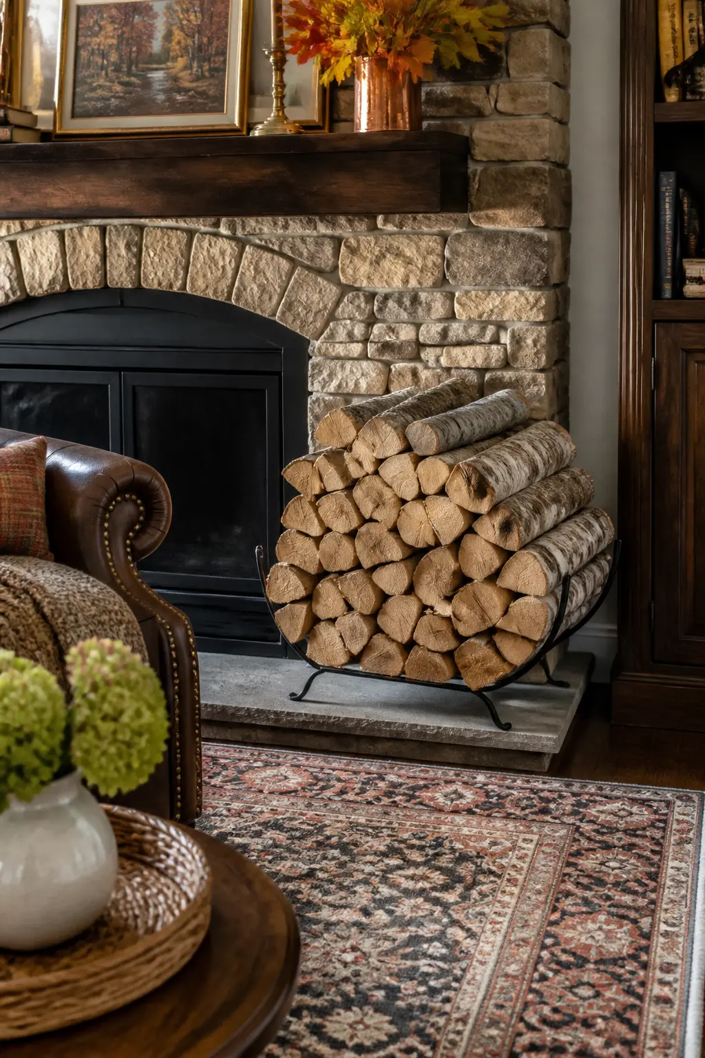 Add a Stack of Split Logs Beside the Fireplace