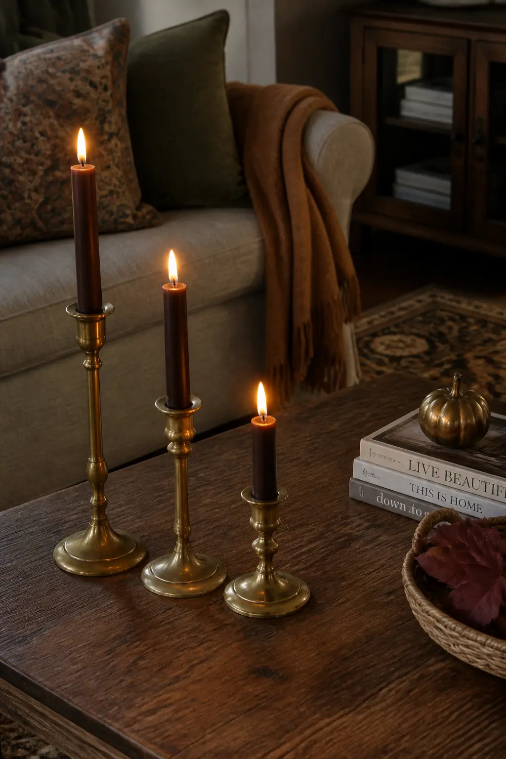 Group Brass Candle Holders on the Coffee Table