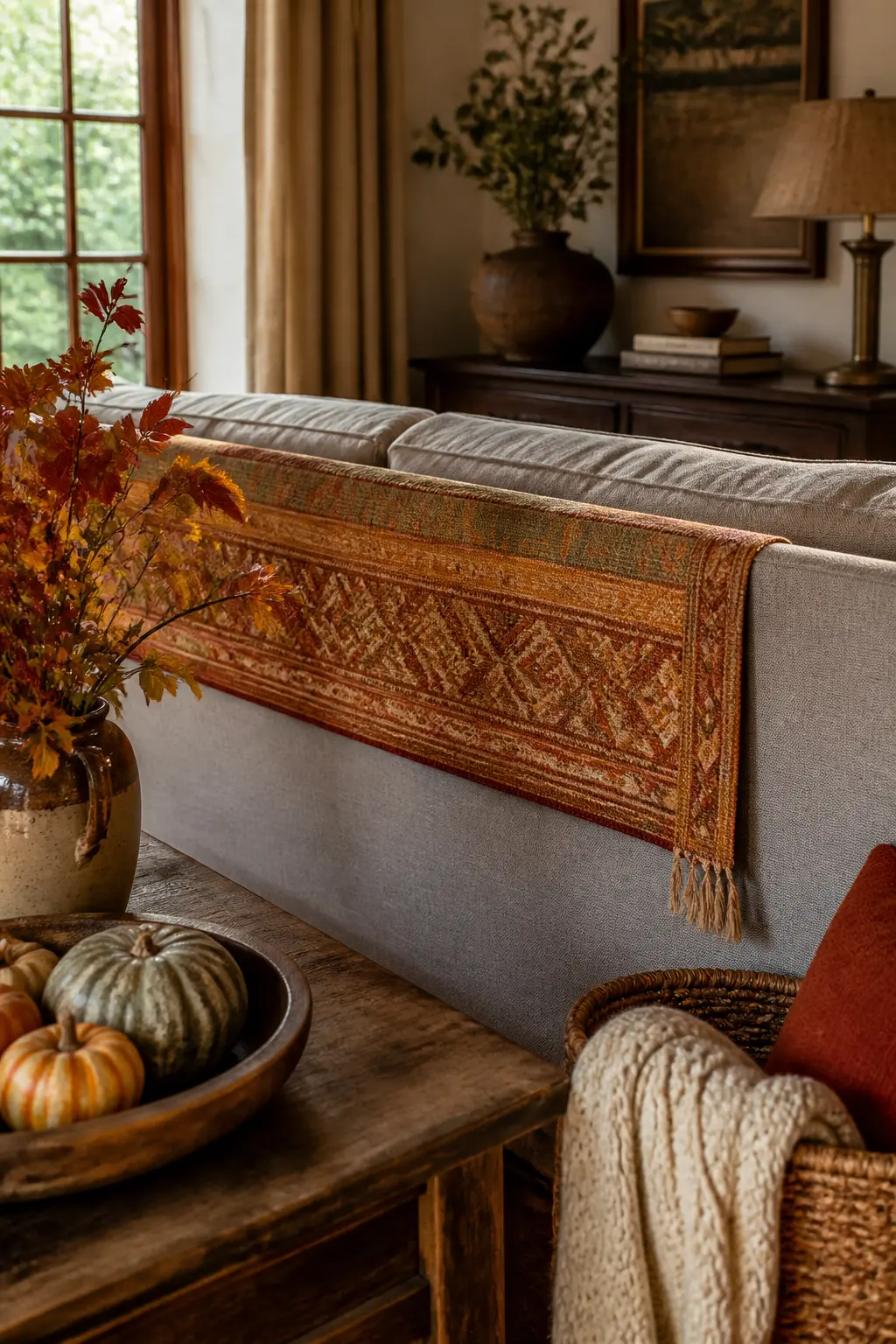 Layer a Runner Along the Back of the Sofa