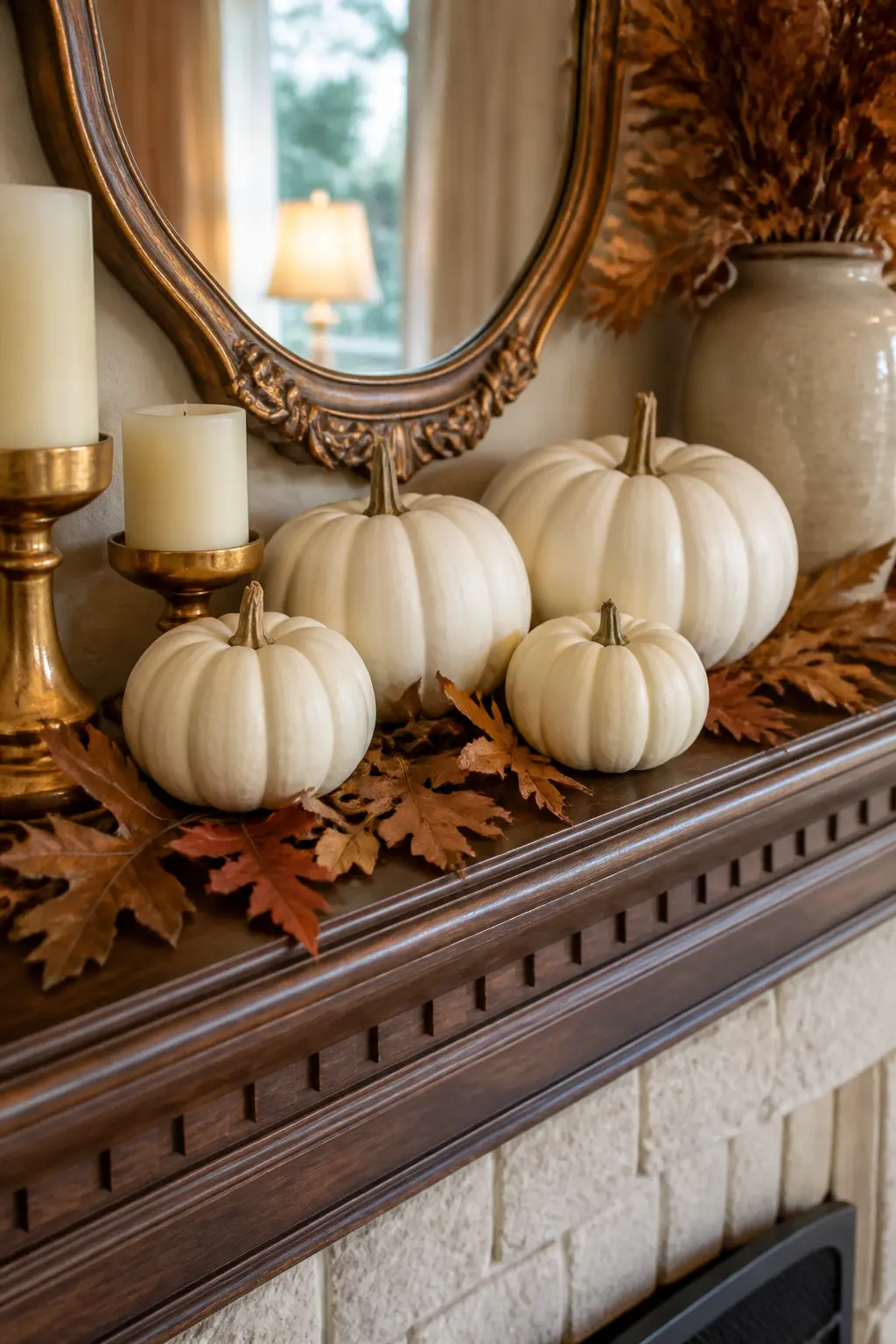 Line the Mantel with Small White Pumpkins