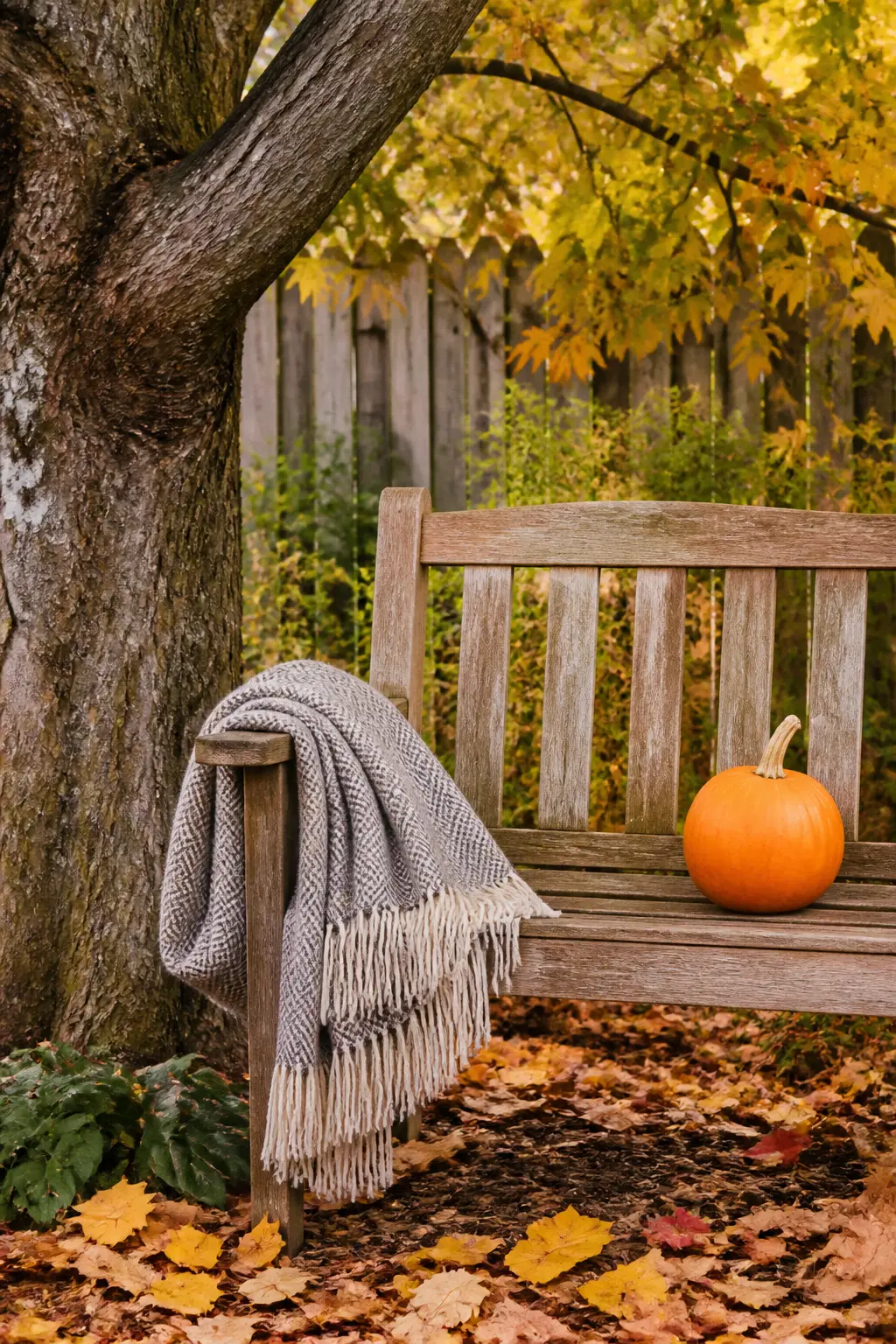 Bench Under a Tree with a Wool Throw