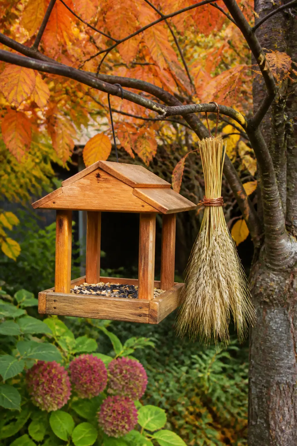 Bird Feeder with a Small Barley Bundle Beside It
