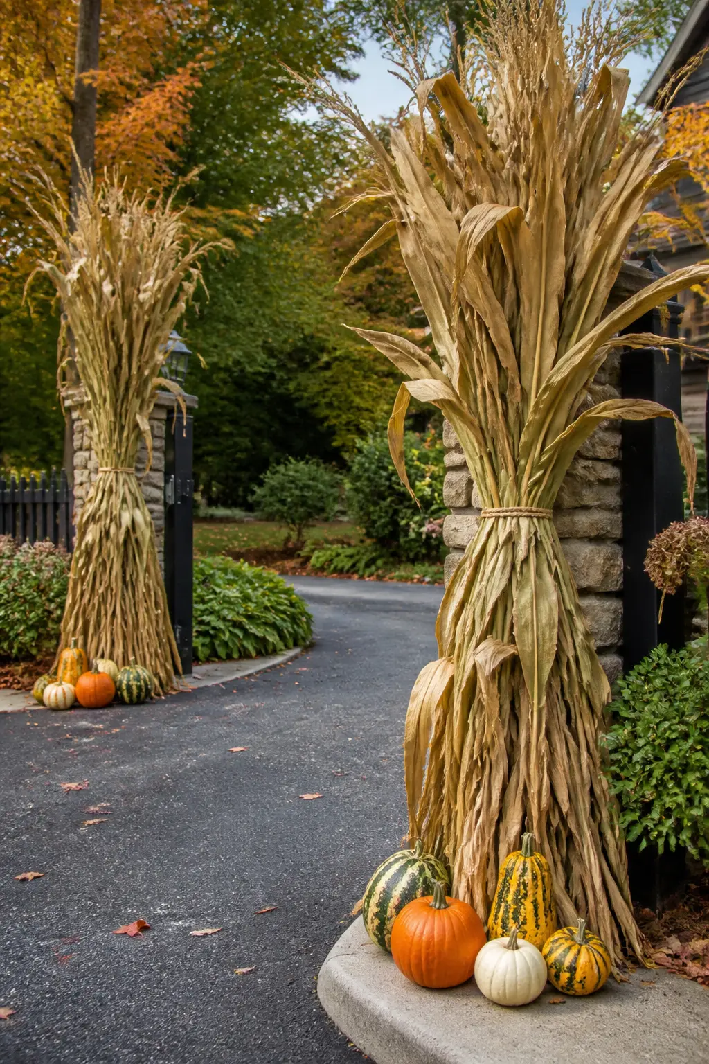 Corn Stalk Bundles at the Driveway Entrance