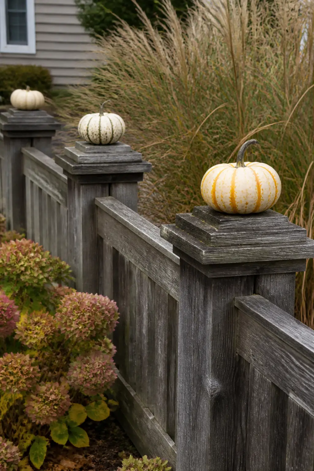 Fence Post Caps Topped with Small Pumpkins