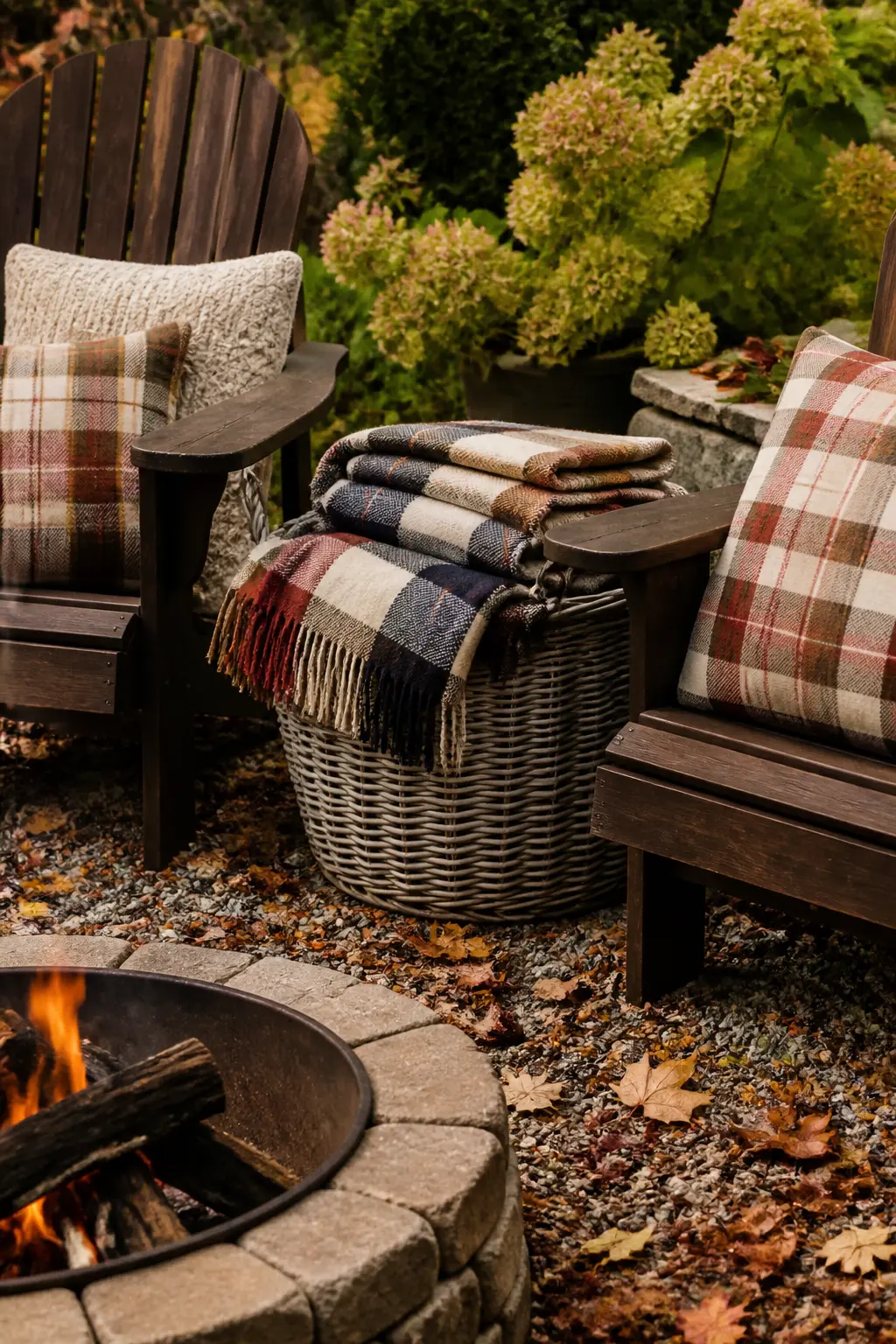 Fire Pit Area with Folded Blankets in a Basket