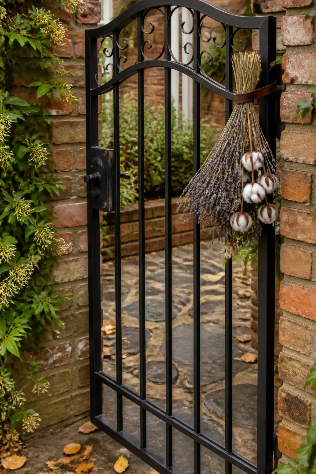 Garden Gate Dressed with a Dried Bundle Tied at One Corner