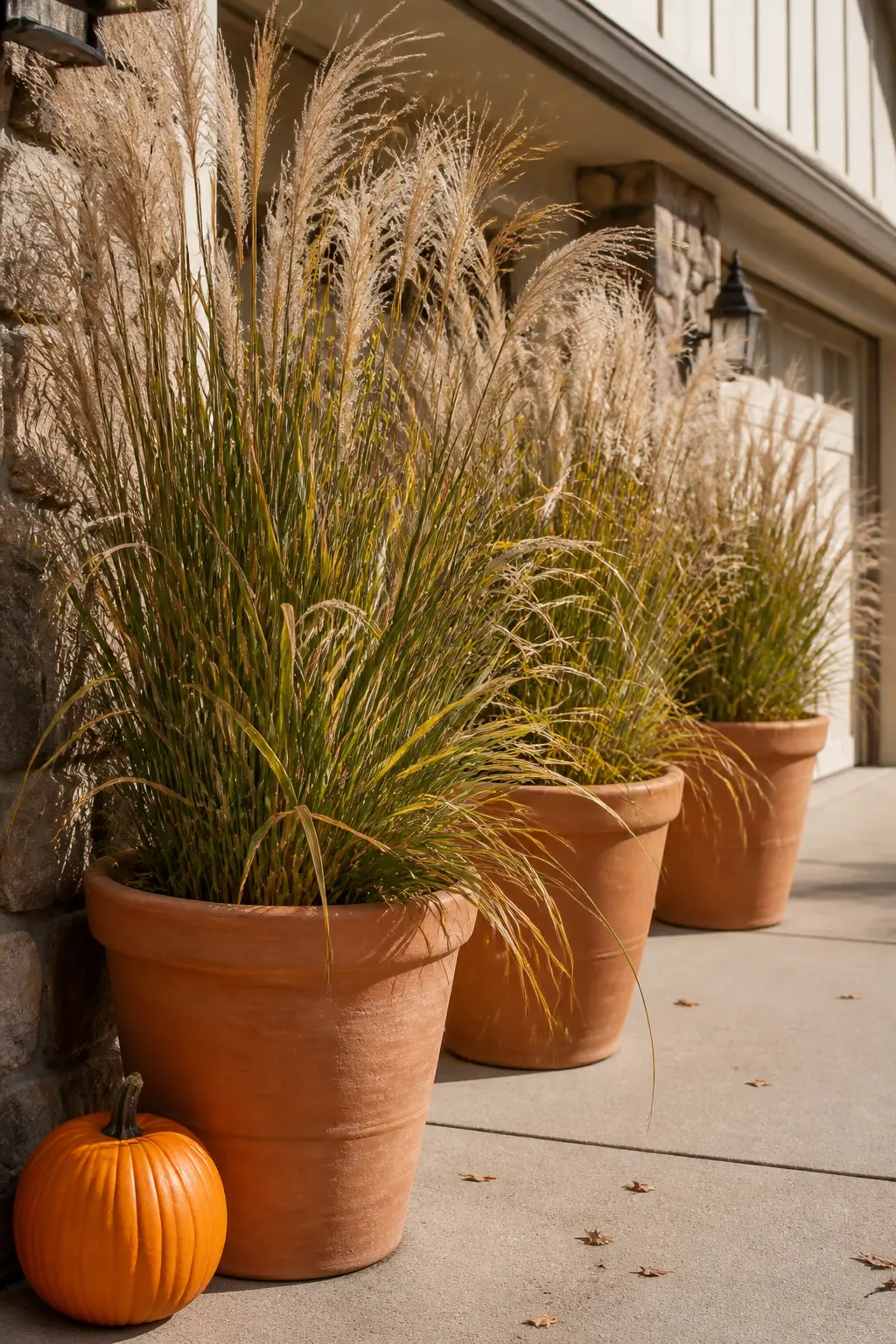 Ornamental Grasses in Large Pots Along the Drive