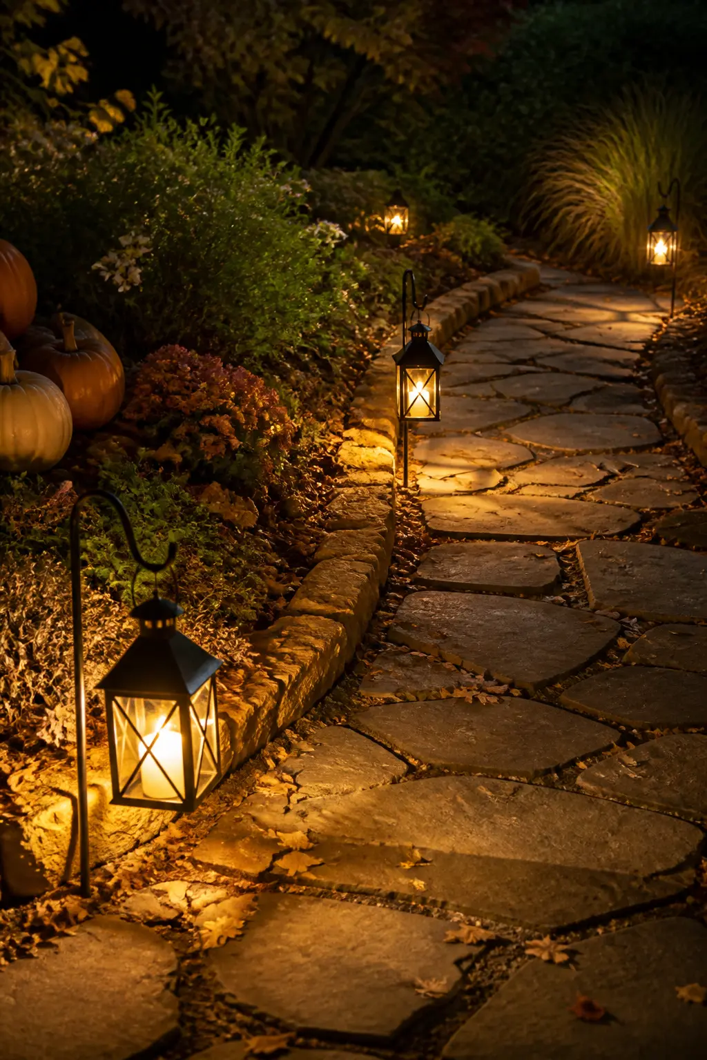 Path Lit with Staked Lanterns Spaced Wider Than Feels Natural
