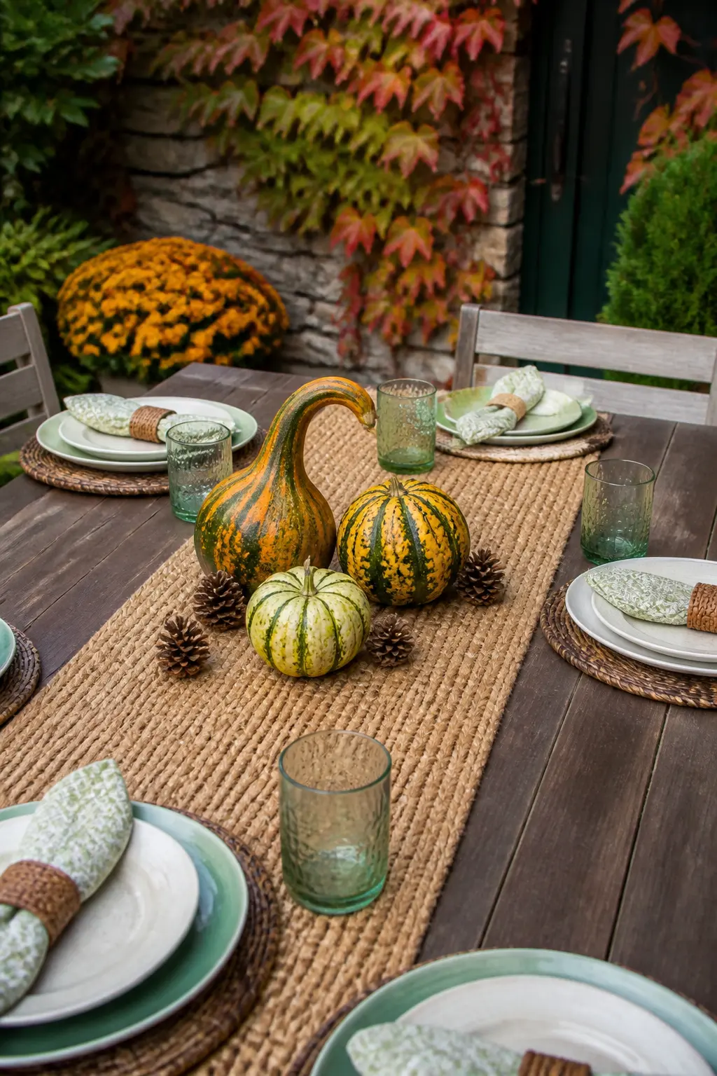 Patio Table with a Woven Jute Runner and Gourd Centerpiece