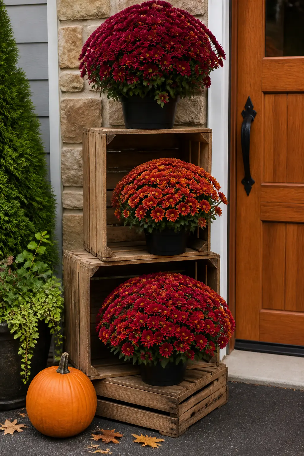 Stacked Crates at the Garage Corner Holding Potted Mums