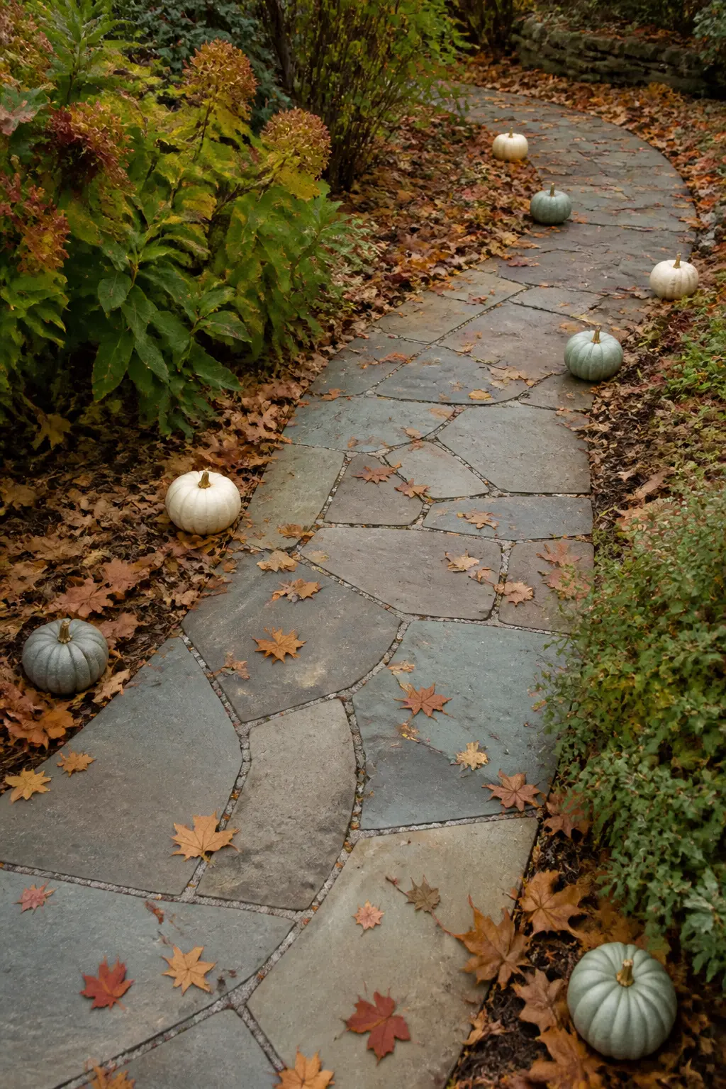 Stone Path Edged with Small Pumpkins at Each Turn