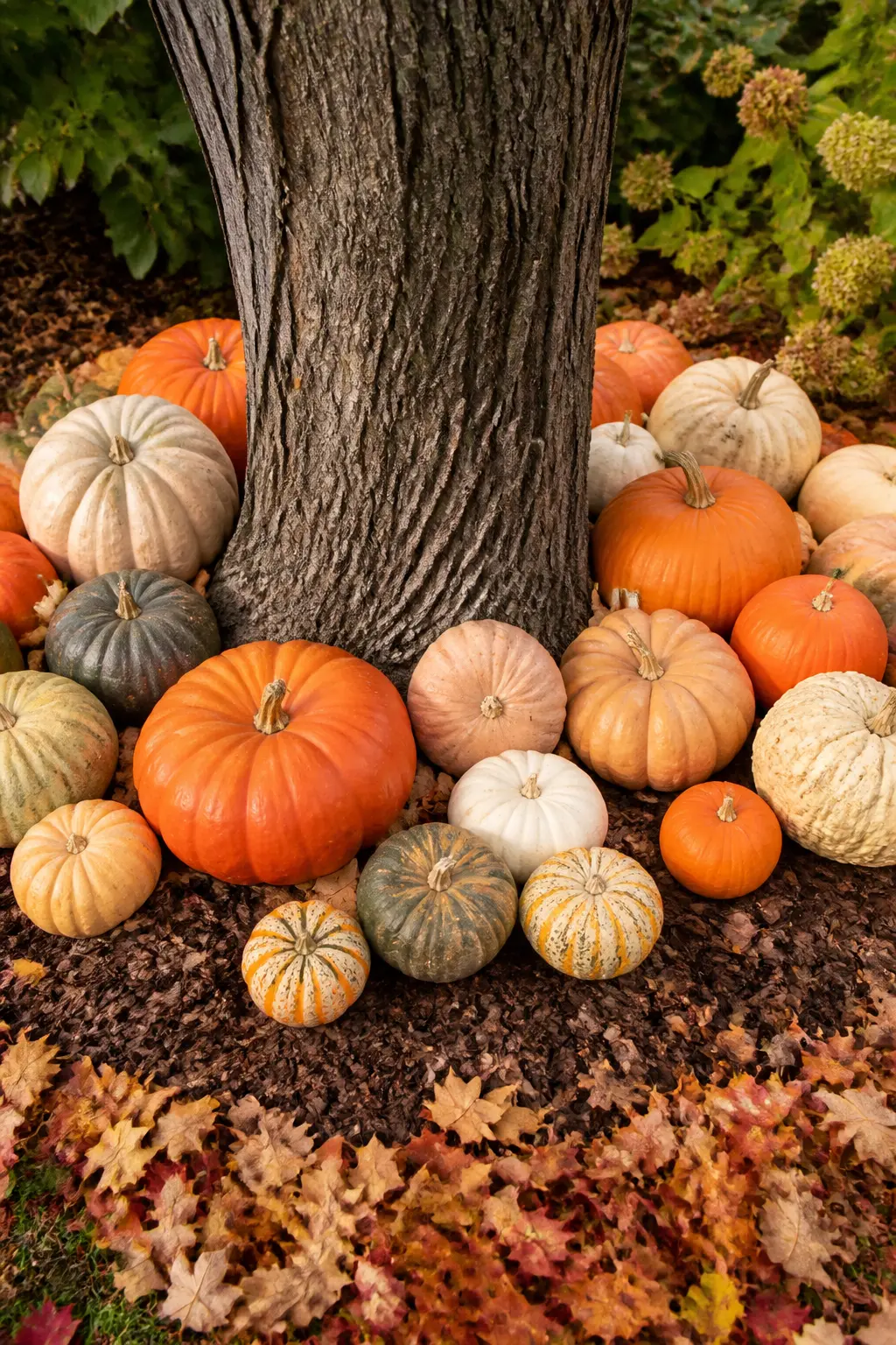 Tree Base Ringed with a Low Pumpkin Grouping