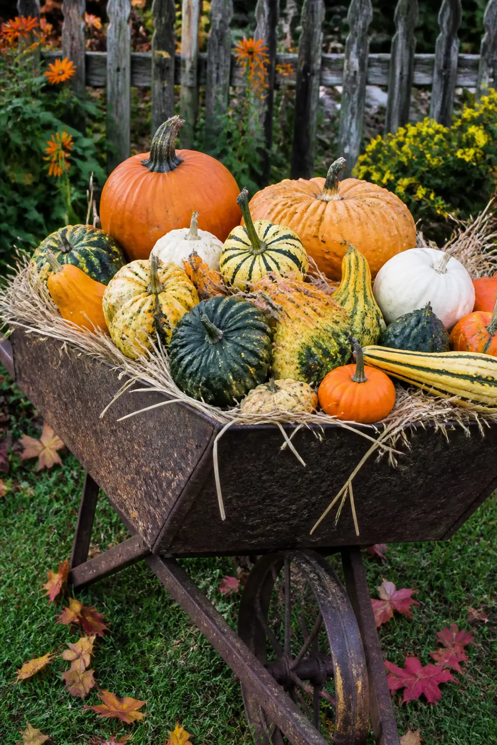 Wagon or Wheelbarrow Filled with Gourds on the Lawn
