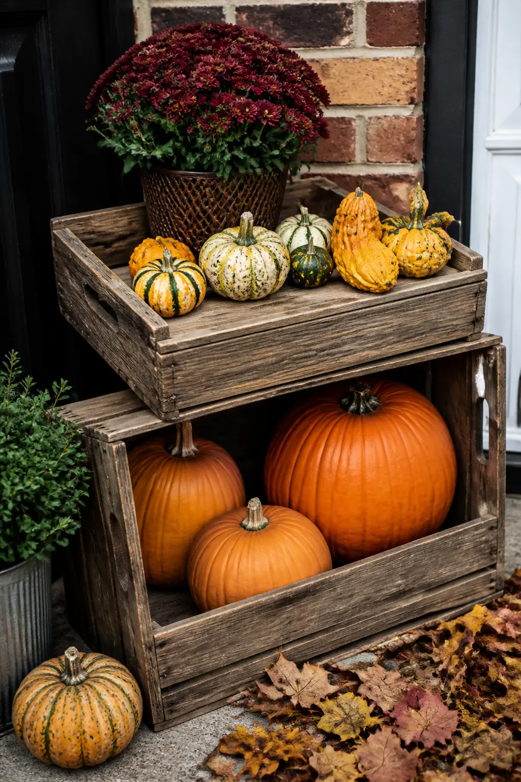 Wooden Crate Stacked with Pumpkins by the Garage