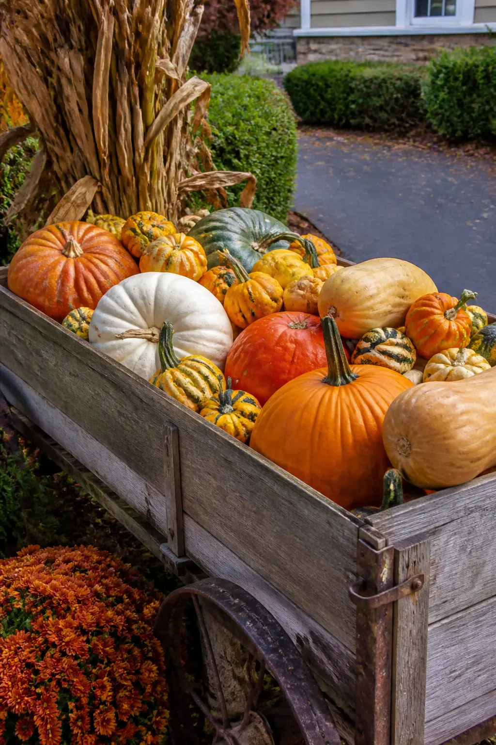 Wooden Wagon at the Driveway Entrance with Gourds