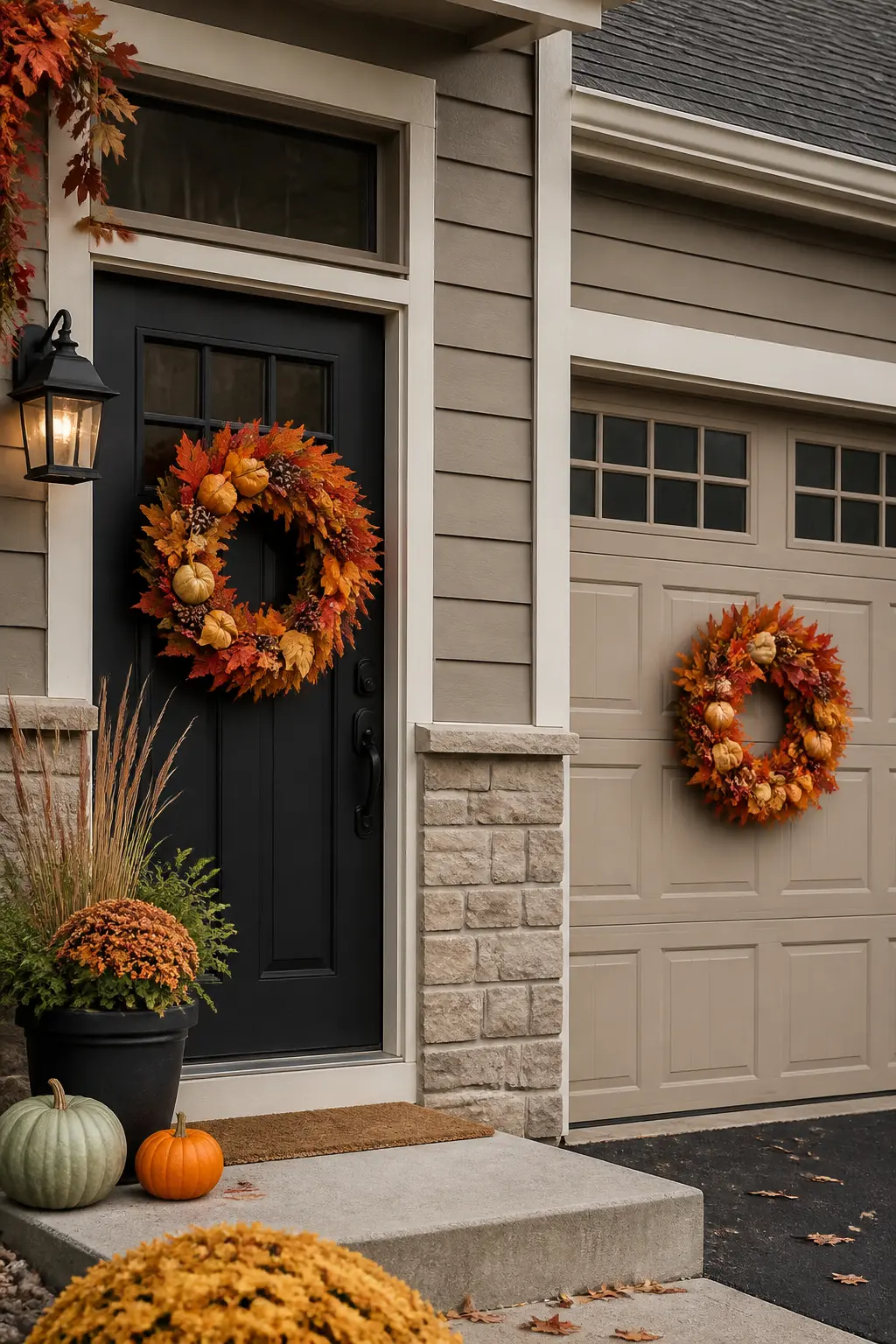 Wreath on the Garage Door as Well as the Front Door