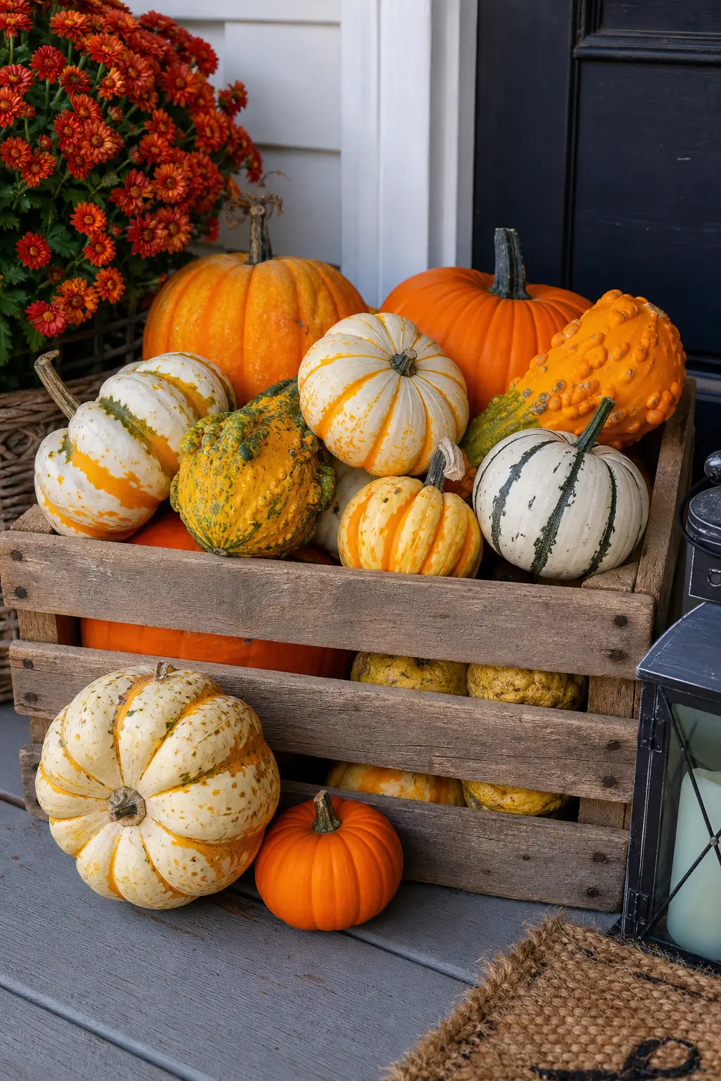 Apple Crate Stacked with Small Pumpkins