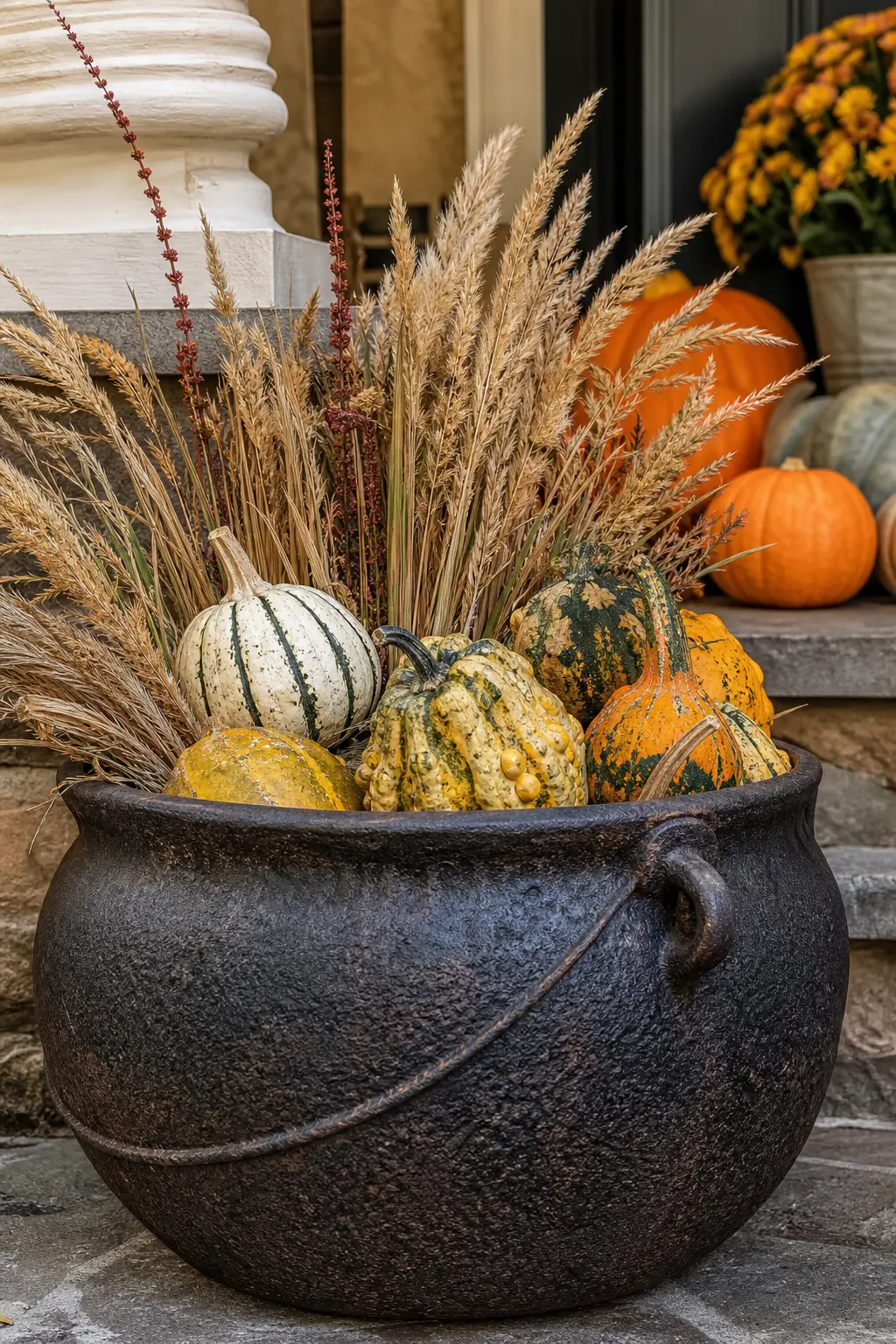 Cast Iron Pot Filled with Gourds and Dried Grasses