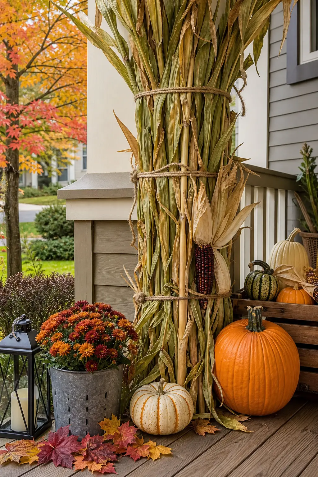 Corn Stalks Tied to the Porch Posts with Jute Twine